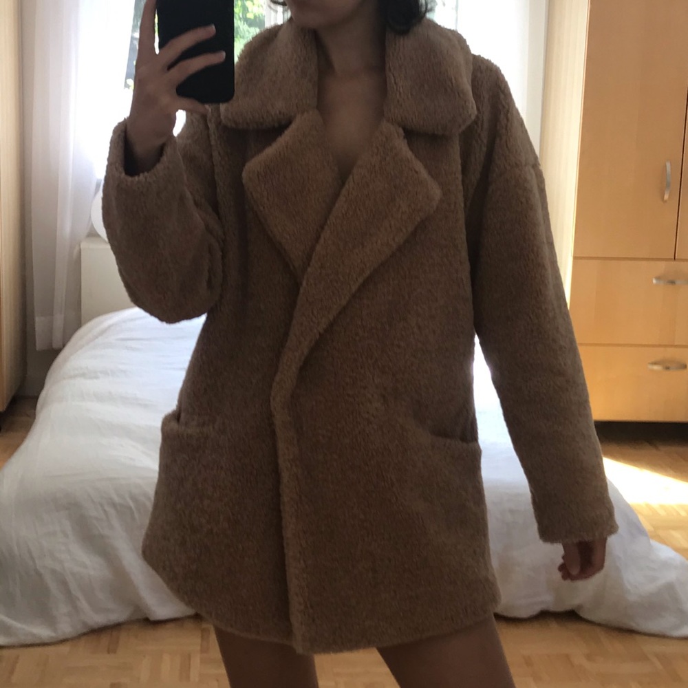Boohoo Brown Teddy Coat with Lapels